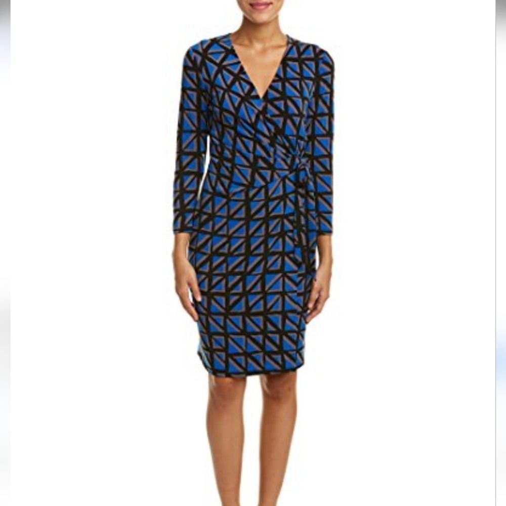 Anne Klein Blue, Black and Gray Patterned Dress. Career. Professional. Geometric